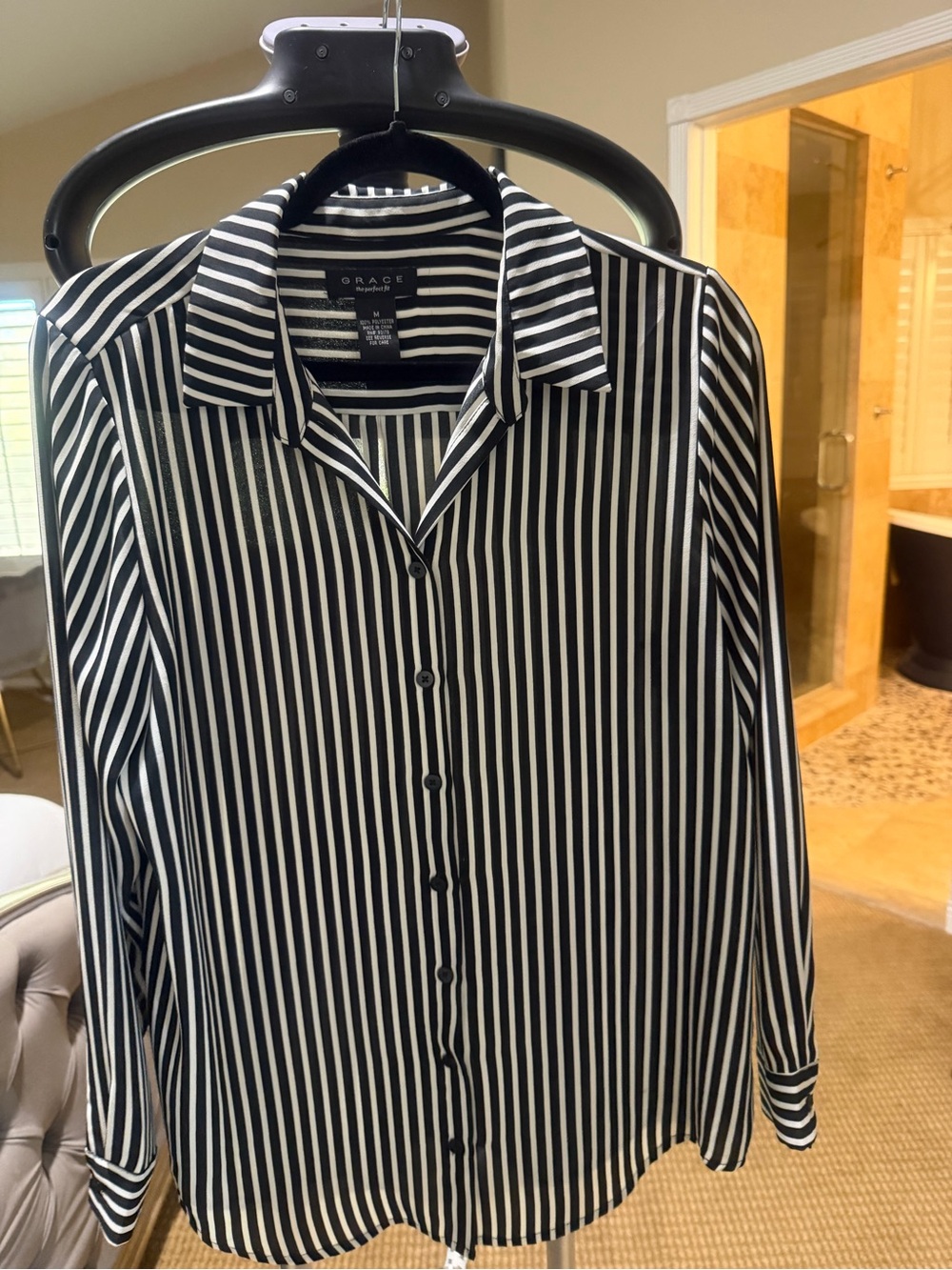 Grace Black and White Vertical Stripe Button-Down Blouse